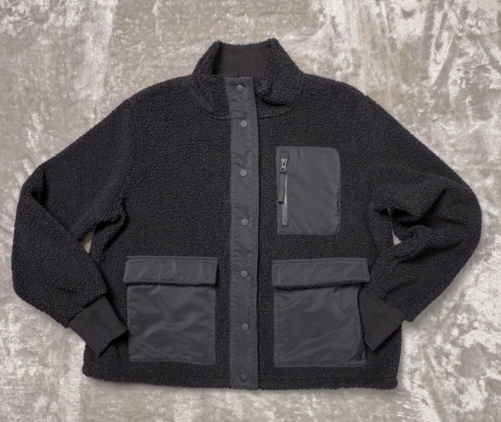 FLX Black Boucle Mixed Media Snap Front Fleece Lined Bomber Jacket Womens Size L